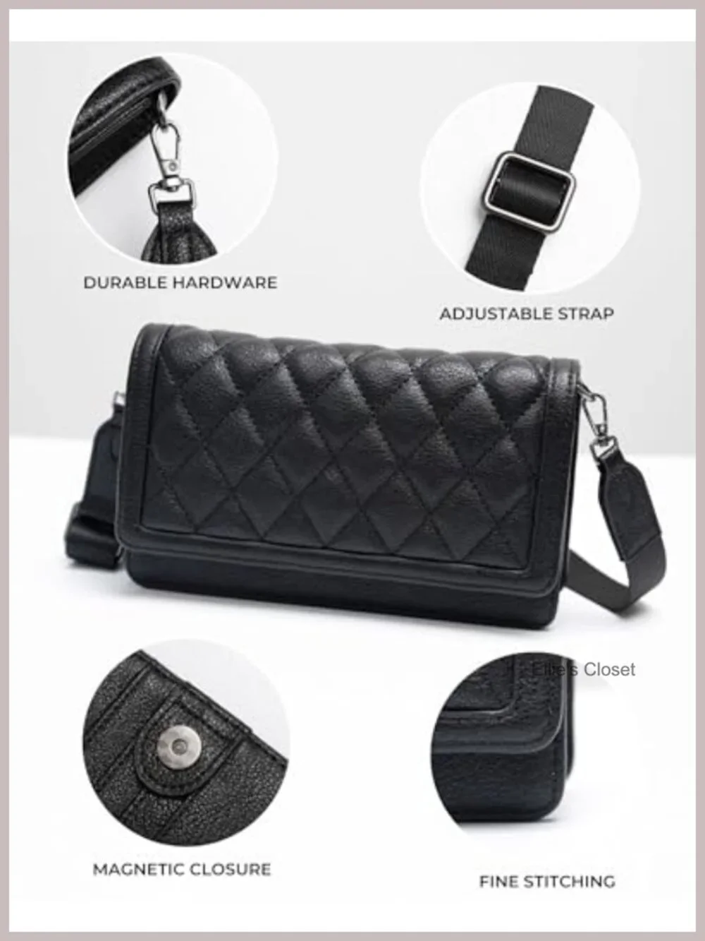 Quilted Vegan Leather Crossbody Bag with Card Slots & Phone Holder